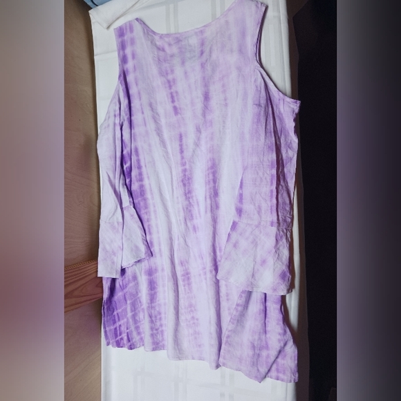 Avon Open Shoulder Blouse/Size L 12-14/Lightweight Purple Tie Dye Ruffle Sleeve - Picture 7 of 14